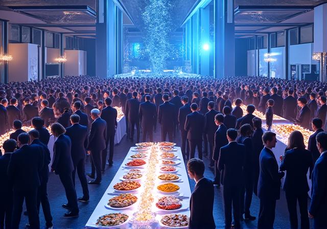 大規模な企業創立記念パーティーでの華やかな料理と空間