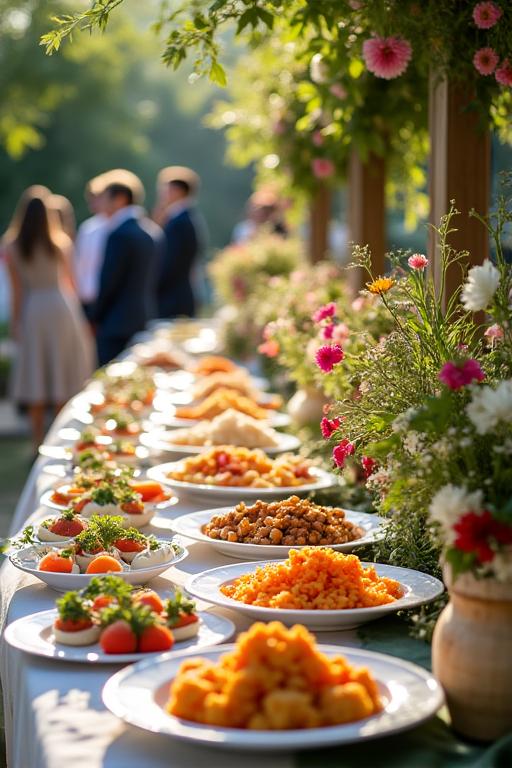 緑豊かなガーデンウェディングのビュッフェ。自然光が差し込む美しい会場