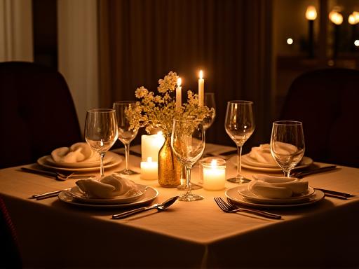 記念日のためのプライベートディナーのテーブルセッティング。キャンドルが灯るロマンチックな雰囲気