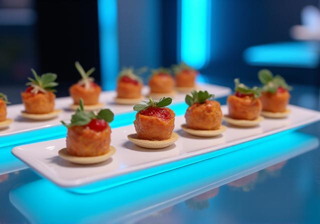 新製品発表会でのフィンガーフード。ブランドカラーに合わせたスタイリッシュな盛り付け