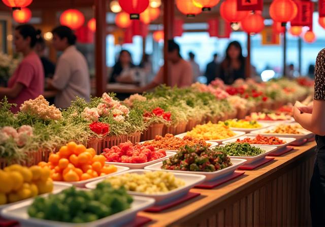 夏祭りをテーマにしたビュッフェカウンター。色鮮やかな料理が並ぶ