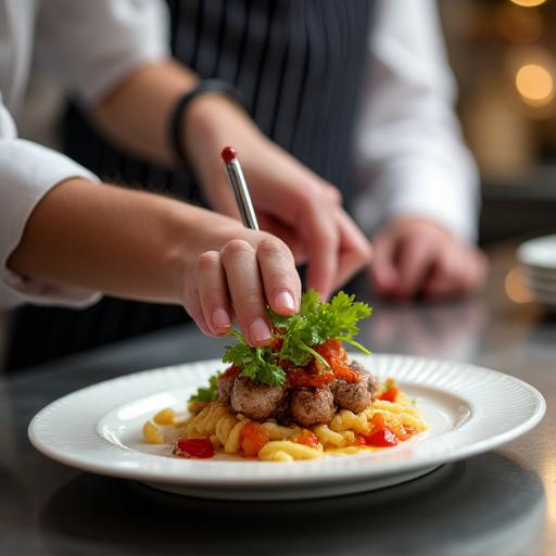 料理人が丁寧に一皿を盛り付けている様子