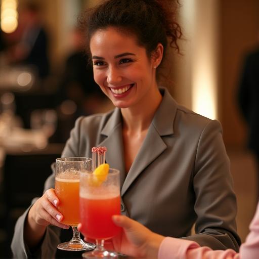 スタッフが笑顔でドリンクをサーブしている様子